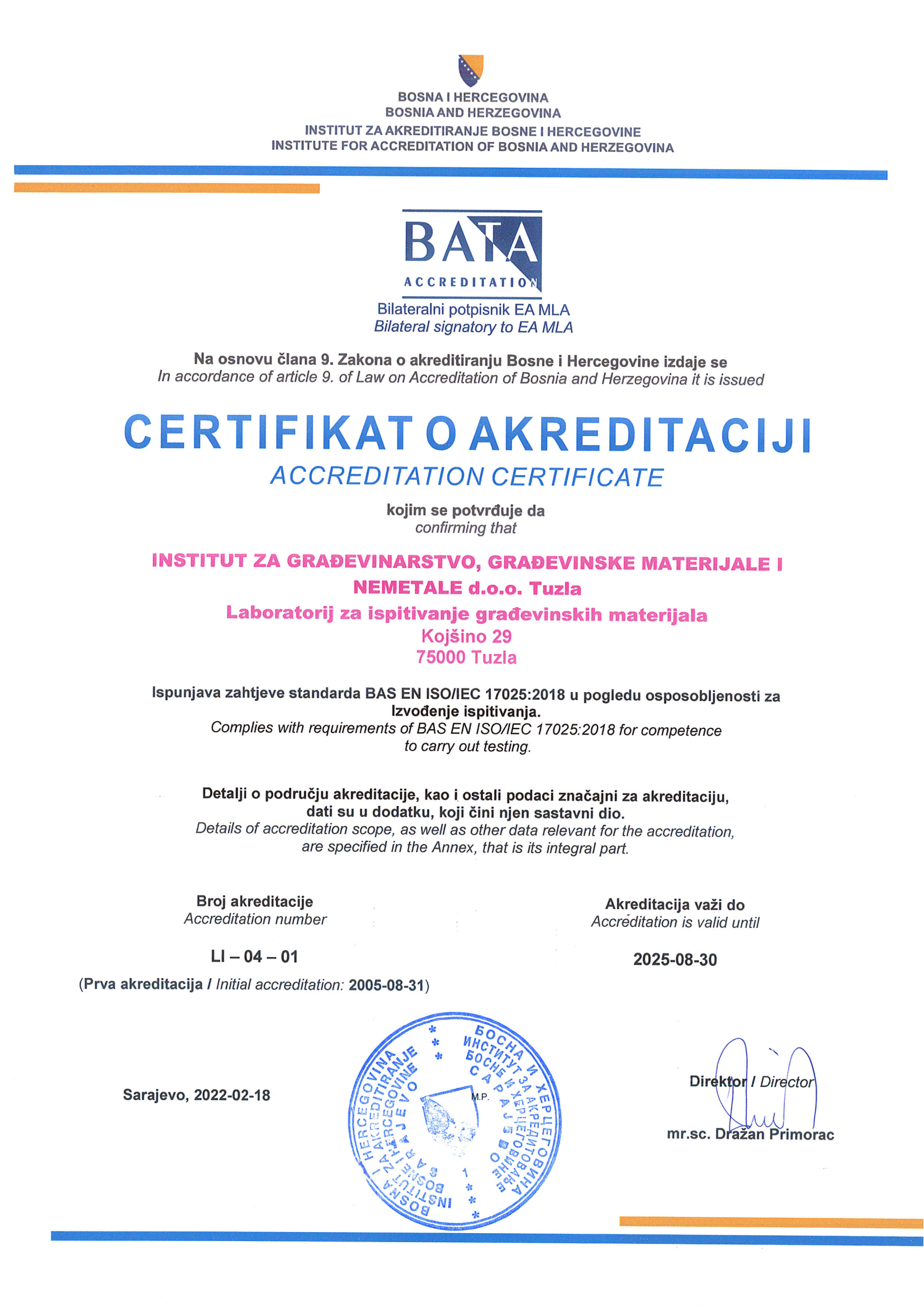Certifikat o akreditaciji BAS EN ISO/IEC 17025:2006